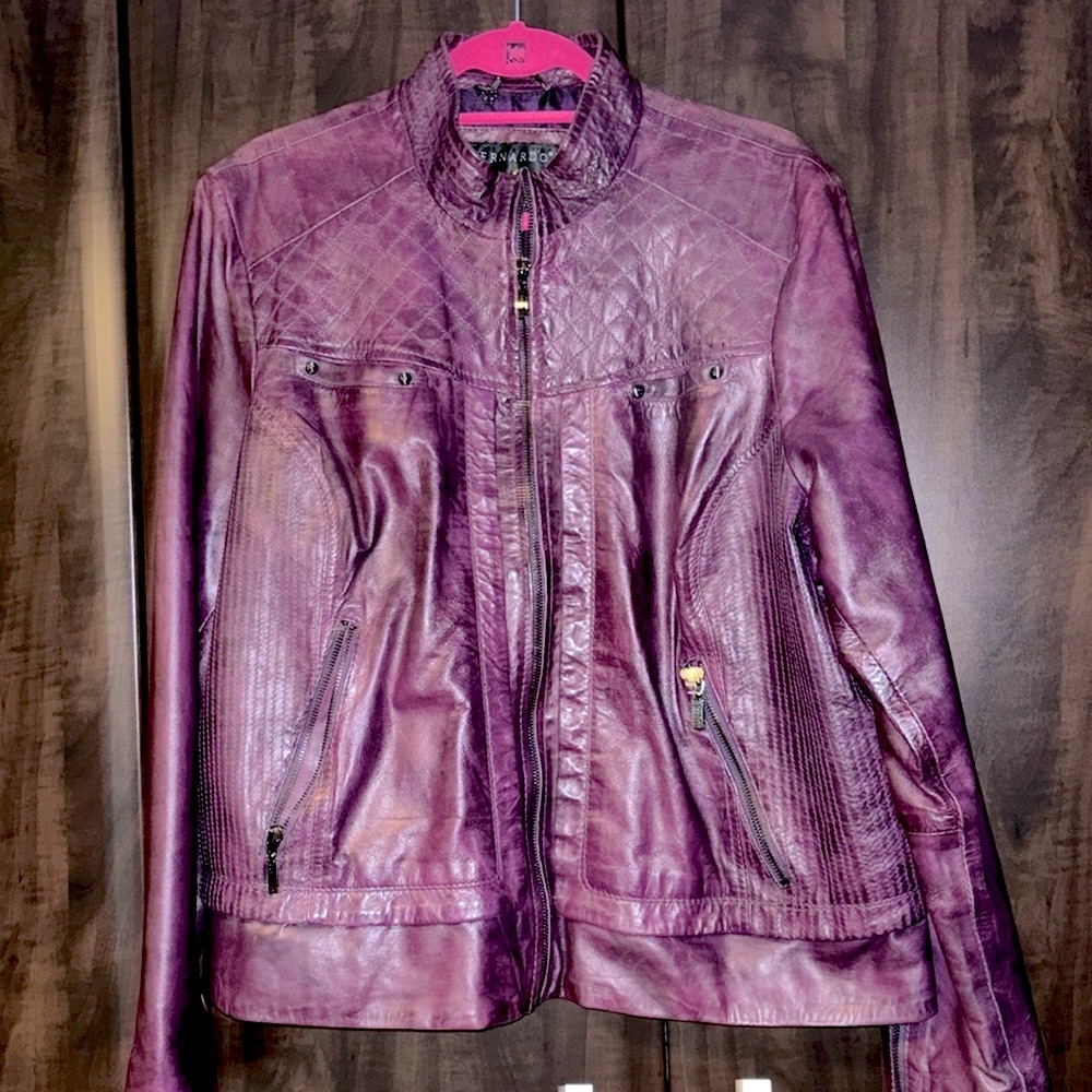 Bernardo Leather Moto Jacket with Quilt Stitching Purple Fully Lined 2X